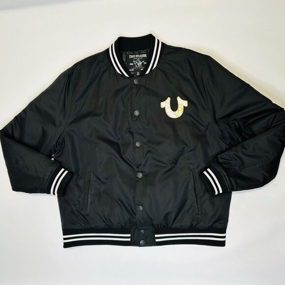 True Religion Jacket Mens 2XL Button Snap Satin Bomber Black Horseshoe Logo - Picture 5 of 16